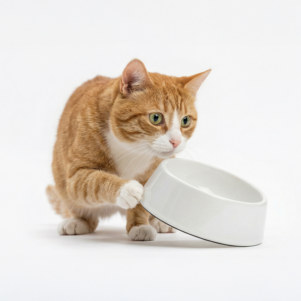 Gato jugando con su plato