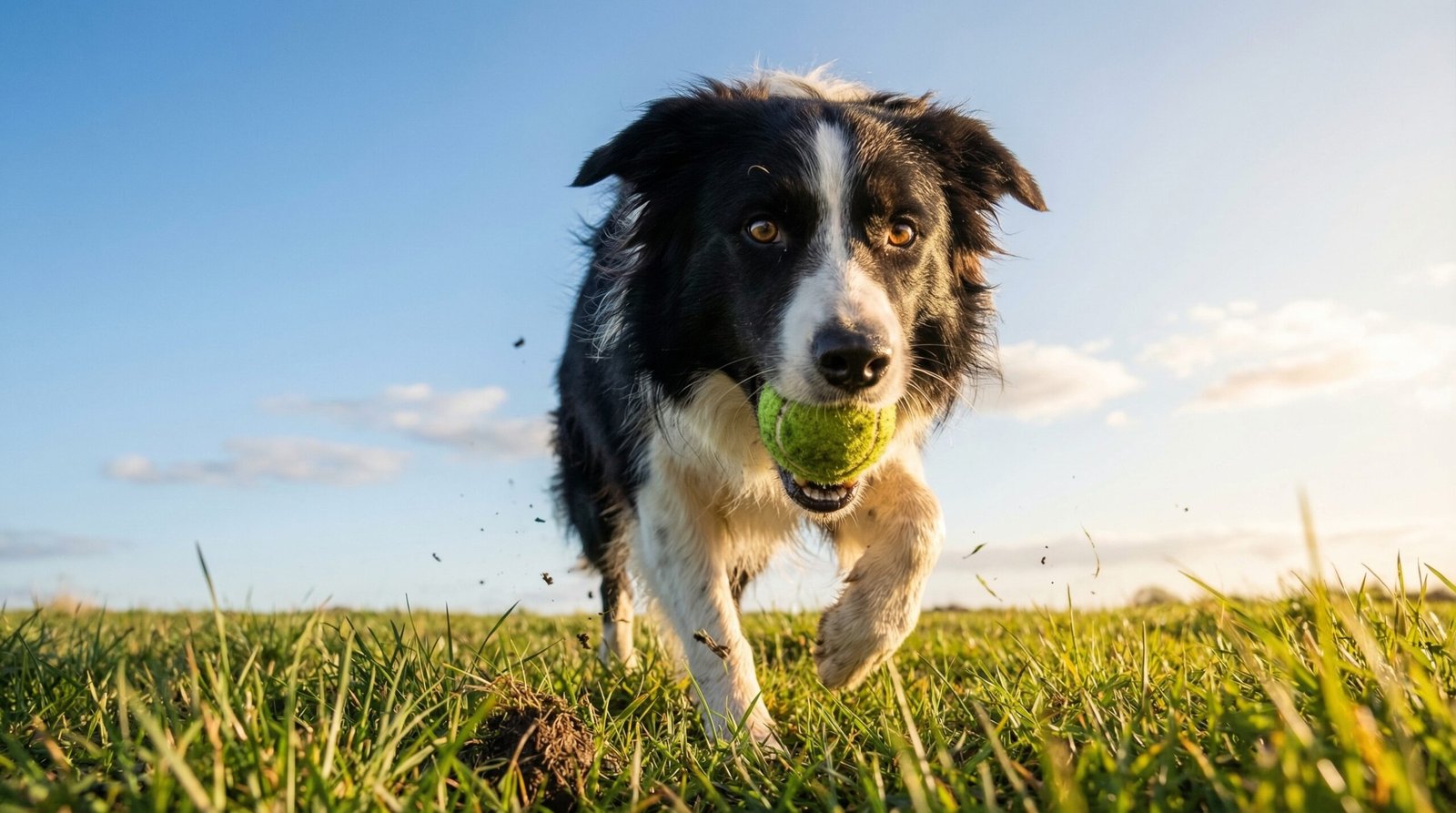 Cachorro corriendo en el parque al atardecer