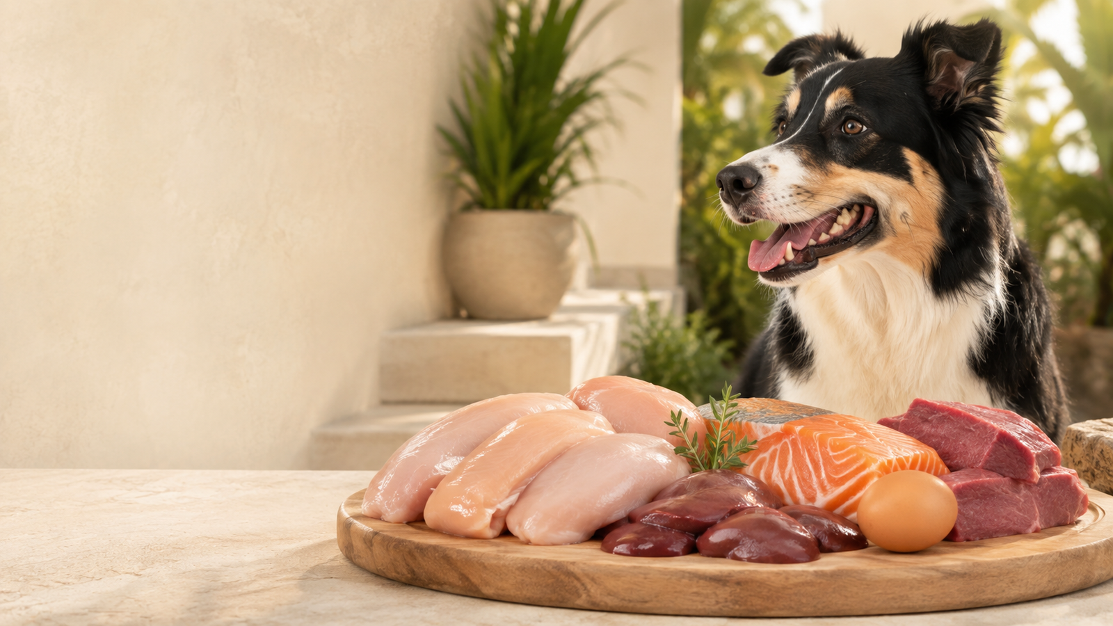 Perro atlético junto a fuentes de proteína de alta calidad como salmón, pollo y huevos
