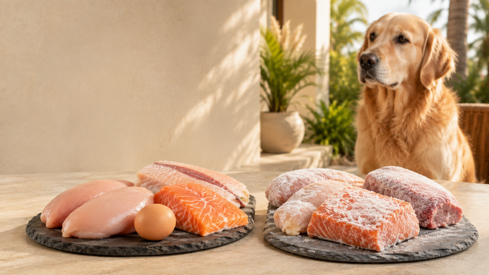 Ingredientes frescos de salmón y pollo junto a carnes ultracongeladas con perro en fondo desenfocado